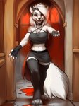 absurd_res anthro blood bodily_fluids breasts canid canid_demon claws cleavage clothed clothing collar demon fangs female fur hair halfcerberus hellhound hi_res loona_(helluva_boss) mammal midriff red_eyes solo vampire white_body white_fur white_hair