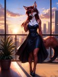 anthro canid canine clothed clothing dress female footwear fox fur green_eyes hair hi_res high_heels jewelry looking_at_viewer mammal mercrantos necklace outside red_body red_fur red_hair smile solo