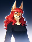 anthro black_clothing black_shirt black_topwear clothed clothing female hair looking_at_viewer red_eyes red_hair shirt solo topwear sk_main canid canine canis mammal hi_res