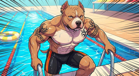 anthro clothing ear_piercing ear_ring male muscular piercing ring_piercing speedo swimwear tattoo canid canine canis domestic_dog mammal pit_bull