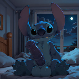 animal_genitalia animal_penis anthro balls bed big_balls big_penis equine_genitalia equine_penis feet furniture genitals goldtail male medial_ring on_bed penis sitting sitting_on_bed soles solo disney lilo_and_stitch stitch_(lilo_and_stitch) alien