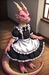 2_toes blush clothed clothing feet female feral hallway horn maid_uniform multicolored_body multicolored_scales pink_body pink_scales raised_clothing scales solo toes two_tone_body two_tone_scales uniform window acryliccai kobold scalie tail absurd_res detailed digital_media_(artwork) hi_res