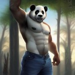 abs anthro bamboo biceps big_muscles black_nipples black_nose blue_bottomwear blue_clothing bottomwear clothed clothing denim denim_clothing detailed_background forest fur giant_panda jeans looking_at_viewer male mammal multicolored_body multicolored_fur muscular muscular_anthro muscular_male nature navel nipples outside pants pecs plant solo standing tesseract_(director) topless tree ursid