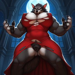 4_fingers angry animal_genitalia animal_pussy anthro areola areola_slip biceps big_breasts big_hands black_claws black_hair black_pawpads bodily_fluids body_size_growth bottomless breast_expansion breasts canine_genitalia canine_pussy claws clothed clothing countershading crotch_tuft dark_areola dark_nipples dress dripping dripping_pussy erect_nipples expansion fangs female fingers frown full_moon fur fuzzy genital_fluids genitals grey_body grey_fur growth hair handpaw huge_breasts inside looking_at_self looking_down mansion mid_transformation moon motion_lines muscle_growth muscular muscular_anthro muscular_arms muscular_female muscular_thighs night nipples orange_eyes pawpads paws pussy pussy_juice pussy_juice_drip red_clothing red_dress size_transformation sky snarling solo standing star starry_sky stretched_clothing tail thick_arms thick_thighs tight_clothing torn_clothing transformation tuft white_body white_fur wide_hips wince window wolf_tail anonymous_director canid mammal werecanid werecreature worgen hi_res