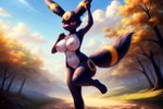 anthro big_breasts black_body black_fur blush breasts canid canine eeveelution exercise female fur generation_2_pokemon genitals looking_at_viewer mammal nenvul nipples nude pokemon_(species) pussy solo umbreon white_body white_fur