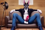 anthro balls canid canine canis clothed clothing erection featureless_chest genitals jackal knot male mammal open_clothing penis photo_shoot solo spread_legs spreading studio