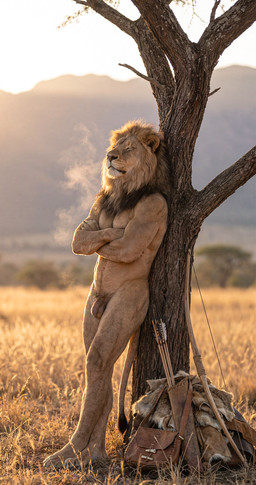 anthro bow_(weapon) breath_cloud flaccid genitals humanoid_genitalia humanoid_penis male mane nude outside penis photorealism plant ranged_weapon solo tasteful_nudity tree tribalcat weapon felid lion mammal pantherine absurd_res hi_res
