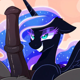 blue_eyes blue_hair devious duo erection female female_focus feral genitals hair horn long_hair male male/female nude penis simple_background smile wings prompter:nuttyhoof friendship_is_magic my_little_pony princess_luna_(mlp) equid equine horse mammal pony winged_unicorn