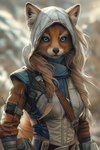 anthro blonde_hair blue_eyes blurred_background braided_hair breasts clothed clothing female front_view fur hair hood hoodie inner_ear_fluff long_hair looking_at_viewer orange_body orange_fur photorealism rogue scarf solo star_wars topwear tuft uncanny_valley whiskers white_body white_fur aphid butterwolf canid canine fox mammal detailed half-length_portrait hi_res portrait