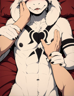 abs anthro arm_grab athletic athletic_male bed black_claws black_nipples blush claws duo fangs first_person_view fluffy_fur fur fur_markings furniture hand_on_cheek head_out_of_frame human_on_anthro human_pov interspecies intimate male male/male male_pov markings nipples on_bed pec_grab pillow pov_hands romantic smile teeth white_body white_fur anonymous_director undertale undertale_(series) asriel_dreemurr_(god_form) bovid caprine goat human mammal absurd_res hi_res