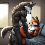 anal anthro bed bedroom canid canine canis duo eyes_closed fluffy fluffy_tail fox furniture male male/male mammal muscular nude peavy red_fox wolf