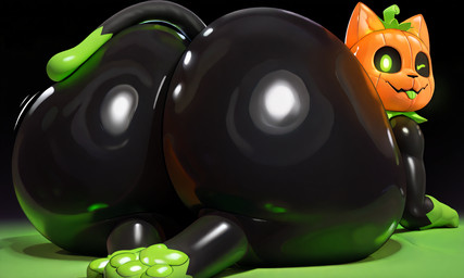 anthro big_butt black_body butt butt_focus butt_slap glistening glistening_body glistening_butt green_eyes huge_butt looking_back lying male rear_view slap solo tongue tongue_out dcx32 pumkat domestic_cat felid feline felis mammal tagme