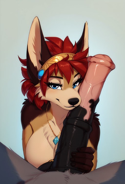 accessory animal_genitalia animal_penis anthro balls big_breasts big_penis blue_background blue_eyes breasts brown_body brown_fur cheek_tuft chest_tuft duo equine_penis erection faceless_character faceless_male facial_tuft female female_focus first_person_view front_view fur gem genitals grey_body grey_fur hair hair_accessory hairband half-closed_eyes it'll_never_fit jewelry looking_at_another looking_at_partner looking_at_viewer male male/female male_pov medial_ring narrowed_eyes necklace nude nuzzling penis penis_grab penis_on_face prompt red_hair simple_background smile solo_focus spread_legs spreading tan_body tan_fur tuft wolf552906 ayn_(fluff-kevlar) canid canine canis equid equine horse jackal mammal 2024 alternate_version_at_source hi_res