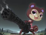 black_eyes chibi clothing dress female forest gatling_gun gun gun_smoke happy machine_gun makeup minigun outside plant ranged_weapon smile smoke tree weapon anonymous_director animal_crossing nintendo pecan_(animal_crossing) mammal rodent sciurid