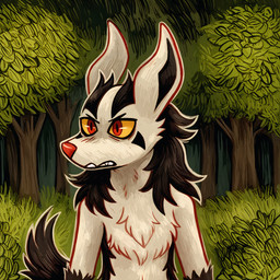 anthro forest male plant red_eyes red_nose solo standing tree yellow_sclera thedavid nintendo pokemon generation_3_pokemon mightyena pokemon_(species) hi_res