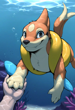 2_tails ambiguous_gender black_nose bubble claws cute_fangs detailed_background dipstick_tail disembodied_hand duo fangs feral fin first_person_view fur grey_eyes hand_holding happy human_pov looking_at_viewer male markings multi_tail multicolored_body multicolored_fur multicolored_tail orange_body orange_fur sea smile solo_focus tail tail_markings tan_body tan_fur teeth underwater water tempting_(director) nintendo pokemon floatzel generation_4_pokemon human mammal marine mustelid pokemon_(species) hi_res