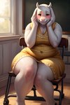 absurd_res anthro blush bovid bovid_horn breasts caprine caprine_horn chair classroom clothing dress female fur furniture goat hand_on_face hi_res horn looking_at_viewer mammal on_chair school sitting sitting_on_chair slightly_chubby smile solo thick_thighs toriel undertale_(series) white_body white_fur wide_hips yellow_clothing yellow_dress