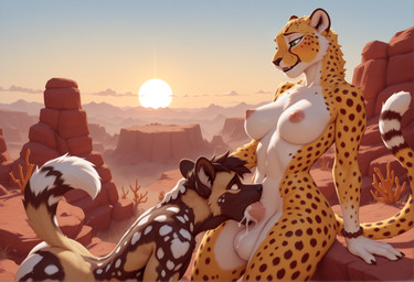 anthro balls bodily_fluids bracelet breasts brown_body brown_fur claws cloud cum cum_in_mouth cum_inside desert duo fellatio fire fluffy fluffy_tail fur genital_fluids genitals green_eyes gynomorph inner_ear_fluff intersex intersex/male jewelry looking_pleasured male nipples nude oral outdoor_nudity outside outside_sex penile penis_in_mouth pink_nipples round_ears sex spots spotted_body spotted_fur sunset tan_body tan_fur tuft whisker_spots white_body white_fur huskeyking african_wild_dog canid canine cheetah felid feline mammal hi_res