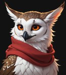 ambiguous_gender beak belly black_background brown_body brown_feathers feathers feral fluffy orange_sclera red_scarf scarf simple_background solo white_belly oldhroft avian bird owl headshot_portrait hi_res portrait