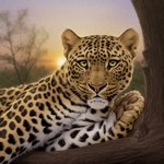 4_toes ambiguous_gender branch brown_pawpads countershading feet feral looking_at_viewer lying on_side pawpads paws pink_nose plant savanna solo sun sunrise toes tree whiskers yellow_eyes drla felid leopard mammal pantherine hi_res portrait
