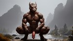 absurd_res anthro argonian bumblebee95 collar crouching detailed_background dragon genitals hi_res male muscular penis realistic red_eyes scales scalie solo vein wallpaper