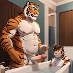 anthro balls bath bathing bathroom bathtub duo embarrassed erection father father_and_child father_and_son genitals humanoid_genitalia humanoid_penis incest_(lore) male male/male parent parent_and_child penis presenting presenting_penis shy son stripes unknown_director felid mammal pantherine tiger hi_res