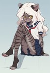 anthro blush bottomwear clothing crossed_legs female long_legs looking_at_viewer miniskirt school_uniform sitting skirt solo teenager uniform young foxlover7796 amalia_(claralaine) domestic_cat felid feline felis mammal hi_res