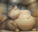 4_toes anthro belly big_belly big_breasts blush box breasts brown_body chubby_cheeks claws container deathclaw featureless_breasts feet female glistening glistening_body horn huge_breasts hyper hyper_belly immobile morbidly_obese nude obese on_ground overweight pseudochmod pupils reptile scalie sitting slit_pupils solo tan_belly thick_thighs toe_claws toes warehouse wide_hips yellow_eyes