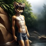 anthro athletic bicolor_fur blurred_background bottomwear boxers_(clothing) brown_hair brown_nose chest_tuft clothed clothing day detailed_background dripping facial_tuft fur glistening green_eyes grey_clothing hair inner_ear_fluff leaning looking_at_viewer male nature nature_background navel nipples outdoors outside partially_submerged plant raining reflection rock shy skinny sky smile solo standing standing_in_water tan_body tan_fur topless tree tuft underwear water water_reflection water_ripple wet wet_body wet_clothing wet_fur white_body white_fur argon-42 domestic_cat felid feline felis mammal detailed hi_res portrait three-quarter_portrait