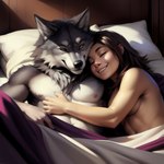 absurd_res anthro areola bed breasts canineluvr19 clothed clothing cuddling duo female furniture happy hi_res human human_on_anthro interspecies male male/female mammal nipples side_boob smile suggestive topless