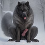 anatomically_correct anatomically_correct_genitalia animal_genitalia animal_penis black_body black_fur bodily_fluids canid canine canine_genitalia canine_penis canis chest_tuft detailed detailed_fur drooling feral fluffy fluffy_tail fur genital_fluids genitals knot leaking_precum looking_at_viewer male mammal penis plant polar_(director) precum saliva sheath sitting_on_ground snow solo tongue tongue_out tree tuft wolf