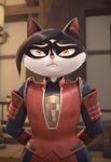 amber_eyes anthro armor black_body black_fur chizu curvy_figure female fur hands_behind_back hourglass_figure japanese_house samurai_armor solo white_body white_fur worried_look animsaiuniverse felid feline mammal hi_res