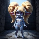 blonde_hair blue_body bra breasts clothing female flat_chested hair league_of_legends panties purple_eyes small_breasts solo underwear poppy_(lol) humanoid yordle