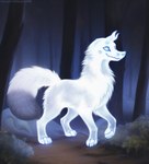 ambiguous_gender blue_eyes canid canine canis domestic_dog feral forest ghost glowing glowing_white icefoxai mammal night plant smile solo spirit tree