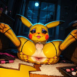 4_fingers 4_toes anatomically_correct anatomically_correct_genitalia anus balls blep butt carpet closet clothed clothing colored_nails crossdressing dark eyelashes feet feral fingers fishnet fur genitals inside inviting inviting_to_sex legwear lipstick long_eyelashes looking_at_viewer lying makeup male moon mouse_paws multicolored_body multicolored_fur nails night on_back presenting rear_view small_balls solo spread_butt spreading tail_anus thick_thighs toes tongue tongue_out two_tone_body two_tone_fur window yellow_body yellow_fur pleasedontlook nintendo pokemon generation_1_pokemon pikachu pokemon_(species) hi_res