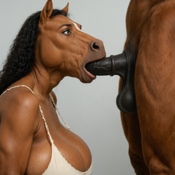 animal_genitalia animal_penis anthro big_breasts breasts dark_body dark_skin duo equine_penis fellatio female fur genitals male male/female oral penile penis sex side_view girlswithsnouts equid equine horse mammal hi_res
