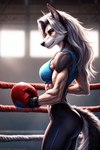 abs anthro background_gym biceps boxing_gloves canid canid_demon clothing demon exercise female fighting_ring handwear hellapoc hellhound loona_(helluva_boss) mammal simple_background slim solo sweating triceps veiny_arms veiny_biceps