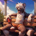 anthro bench beverage_can black_body black_fur blush bottomwear chest_tuft clothed clothing erection fluffy fluffy_tail foreskin fur genitals hair hair_over_eyes humanoid_genitalia humanoid_penis leaning leaning_back light male multicolored_body open_mouth outside penis penis_through_leghole plant poking_out public public_exposure shirt shorts sitting sitting_on_bench solo spread_legs spreading sunlight tank_top topwear tree tuft two_tone_body white_body white_fur white_hair anonymous_director mammal mephitid skunk hi_res