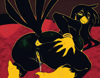 anthro anus beak bed bedroom bedroom_eyes big_butt black_body black_hair bodily_fluids bracelet breasts butt digitigrade ear_piercing ear_ring female furniture genital_fluids genitals hair inside jewelry kneeling long_hair looking_at_viewer looking_back looking_back_at_viewer narrowed_eyes nipples piercing pillow presenting presenting_anus presenting_hindquarters presenting_pussy prompt pussy pussy_juice rear_view red_background ring_piercing seductive simple_background solo spread_butt spreading tail talons yellow_anus yellow_nipples yellow_pussy yellow_sclera flergox_(director) avian bird noobai_(model)