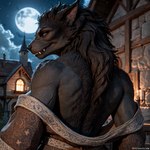 anthro clothing female hair looking_at_viewer looking_back medieval moon muscular night robe smile smirk solo undressing natox skyrim_werewolf canid canine mammal were werecanid werecanine werewolf