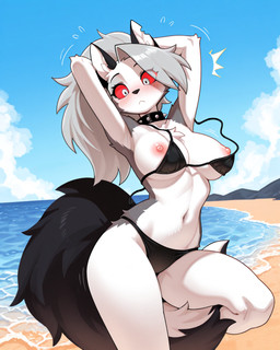 anthro beach bikini blush breasts cheek_tuft chest_tuft clothing collar embarrassed facial_tuft female fluffy_fur fur grey_body grey_eyes grey_fur inner_ear_fluff looking_at_breasts nipples red_eyes seaside shy solo spiked_collar spikes surprise_face swimwear tuft wardrobe_malfunction alastorgj helluva_boss loona_(helluva_boss) canid canine canis mammal wolf hi_res
