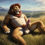 absurd_res anthro balls bodily_fluids cum cumshot ejaculation eyes_closed felid genital_fluids genitals grass grassland hi_res lion male mammal mane masturbation nipples outdoors outside pantherine pecs penis plant pup_tobey simba_(the_lion_king) solo summer