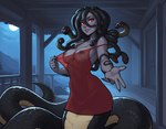 apode black_body black_scales bottomless breasts clothed clothing colored_nails dress female legless long_nails moon nails night nipples no_underwear partially_clothed pupils railing red_clothing red_dress red_eyes red_nails scales serpentine slit_pupils solo split_form tattoo halfcerberus medusa draconcopode gorgon humanoid lamia naga reptile scalie snake hi_res