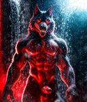 abs anthro balls biceps black_body black_fur bodily_fluids canid canine canis chest_tuft claws fangs fur genital_fluids genitals hi_res humanoid_genitalia humanoid_penis inner_ear_fluff leaking_precum looking_at_viewer male mammal navel neck_tuft neon_lights nipples penis precum pubes red_eyes red_light solo tuft water waterfall were werecanid werecanine werewolf wolf wolfs-chaser