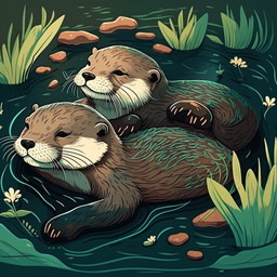 ambiguous_gender duo feral green_water leaf looking_away midjourney rock swamp water whisker_spots whiskers smu000 lutrine mammal mustelid 2022