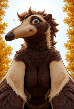 anthro big_eyes breasts brown_body brown_eyes brown_fur female fluffy_fur fur long_snout looking_at_viewer low-angle_view nipples outside plant realistic_fur snout solo tree nnam_si3 anteater mammal pilosan xenarthran hi_res
