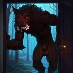 animal_genitalia anthro athletic athletic_male ball_tuft balls big_balls biped blush brown_balls brown_body brown_fur chest_tuft claws door doorway fangs flower flower_in_mouth forest fully_sheathed fur genitals glowing glowing_eyes grin leaning looking_at_viewer male nature night nude opening_door outside plant red_eyes sheath slim smile solo standing teeth tree tuft hummuna canid canine canis mammal mythological_canine mythological_creature were werecanid werecanine werewolf wolf absurd_res hi_res