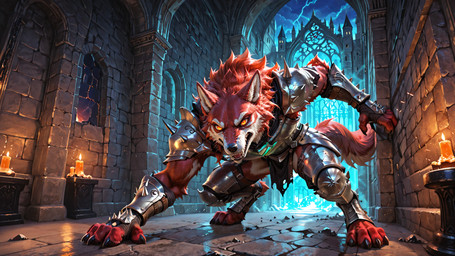 anthro armor black_claws candle castle claws fur lightning male orange_eyes red_body red_fur solo tail crimson_fenrir_(director) canid canine canis mammal wolf hi_res