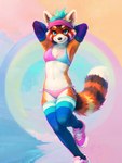 abstract_background accessory ailurid anthro arm_warmers armwear athletic belly bikini blue_eyes blue_hair chest_tuft clothed clothing female fluffy fluffy_tail footwear fur hair headband hi_res inner_ear_fluff legwear looking_at_viewer mammal markings midriff orange_body orange_fur painting_(artwork) partially_clothed pose red_panda ring_(marking) ringtail shoes simple_background smile sneakers snowshoes solo standing swimwear tail_markings thigh_highs traditional_media_(artwork) tuft watercolor_(artwork) white_belly yiffymix_(model)