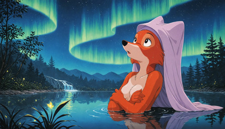 amazing_background aurora_borealis bathing black_nose breasts clothing covering covering_breasts covering_self crossed_arms detailed_background featureless_breasts female fingers forest fur grass headdress headgear headgear_only headwear lake looking_up mostly_nude multicolored_body multicolored_fur nature night nude open_mouth orange_body orange_fur outside partially_submerged plant reflection skinny_dipping sky solo standing_in_water star starry_sky tan_body tan_fur tree tuft two_tone_body two_tone_fur water waterfall wet wet_body white_body white_fur hank94_(director) maid_marian arthropod beetle canid canine elateroid firefly fox insect mammal red_fox hi_res